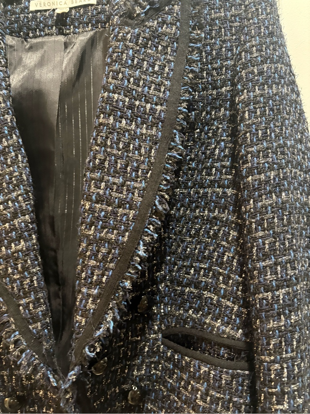 Veronica Beard Navy Fringe Trim Tweed Blazer - Picture 2 of 4